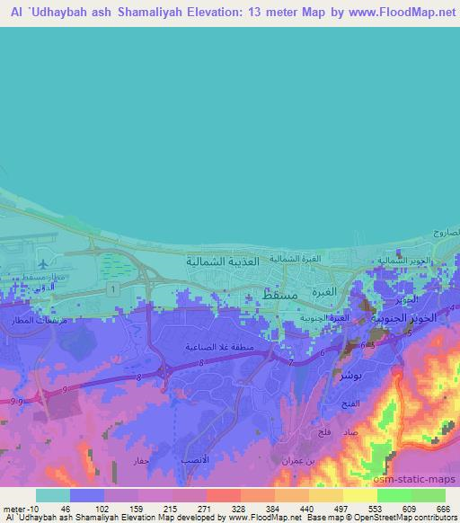 Al `Udhaybah ash Shamaliyah,Oman Elevation Map