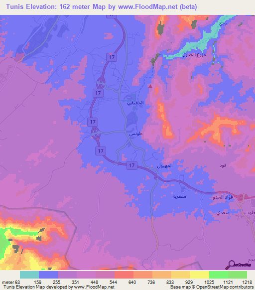 Tunis,Oman Elevation Map