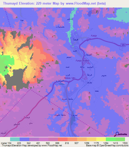 Thumayd,Oman Elevation Map