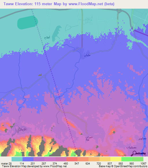 Taww,Oman Elevation Map