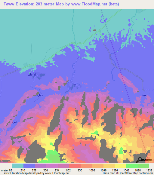 Taww,Oman Elevation Map