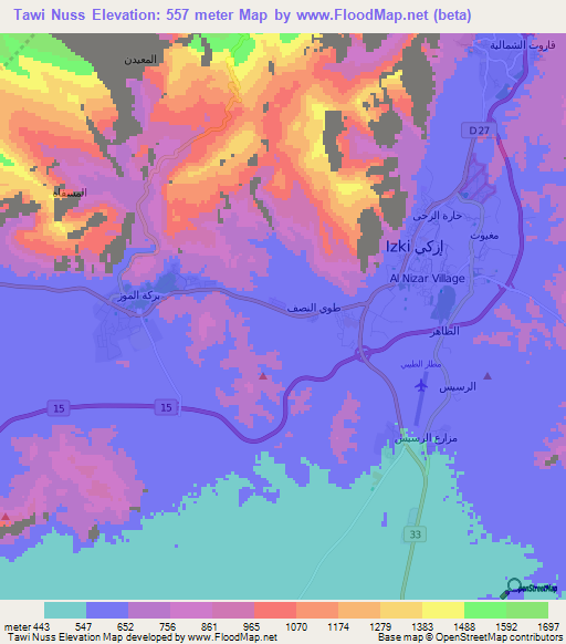 Tawi Nuss,Oman Elevation Map