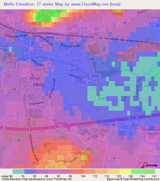 Melle,Germany Elevation Map