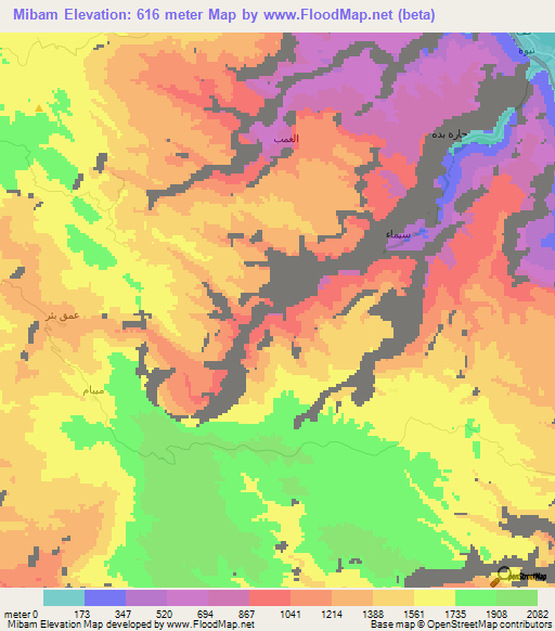 Mibam,Oman Elevation Map