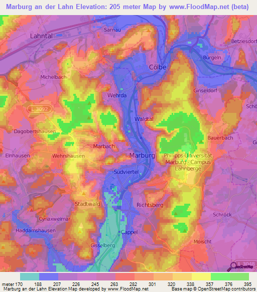 Marburg an der Lahn,Germany Elevation Map