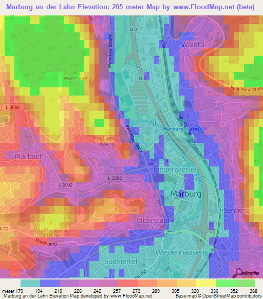 Marburg an der Lahn,Germany Elevation Map