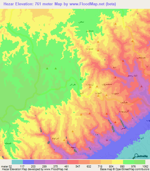 Hezar,Oman Elevation Map