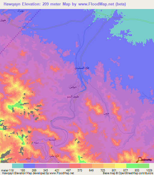 Hawqayn,Oman Elevation Map