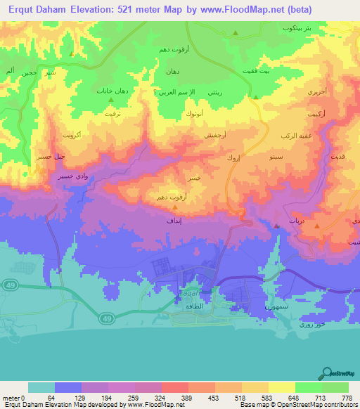 Erqut Daham,Oman Elevation Map