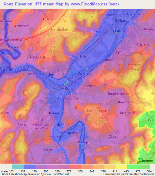 Konz,Germany Elevation Map