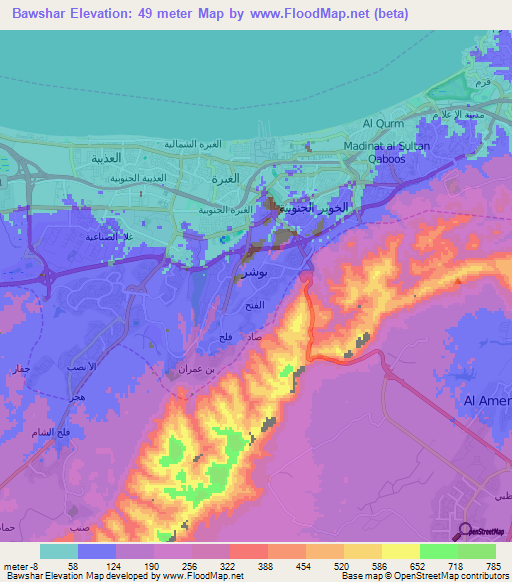 Bawshar,Oman Elevation Map