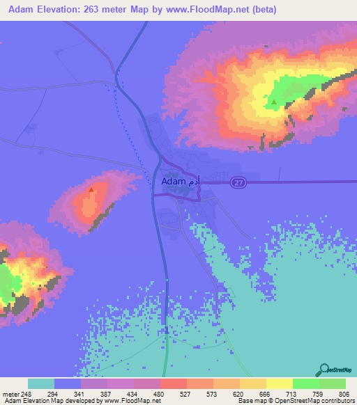 Adam,Oman Elevation Map