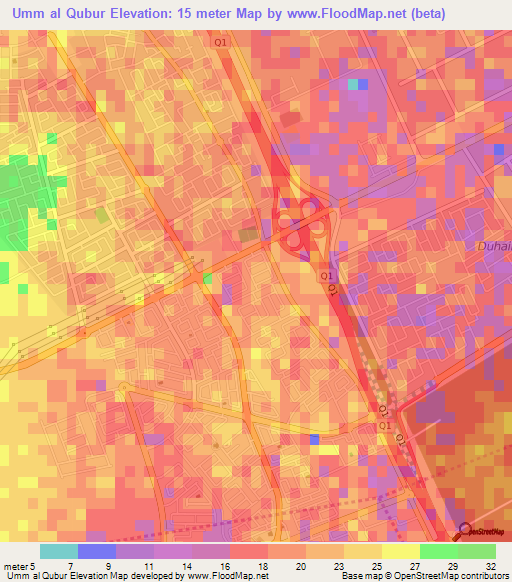 Umm al Qubur,Qatar Elevation Map