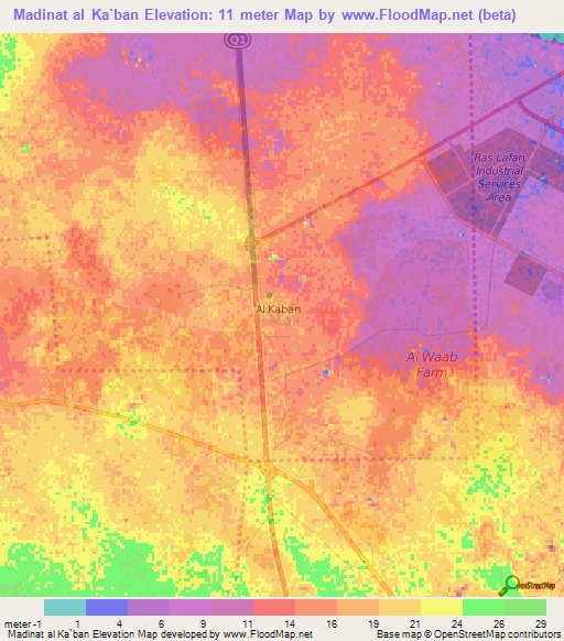 Madinat al Ka`ban,Qatar Elevation Map