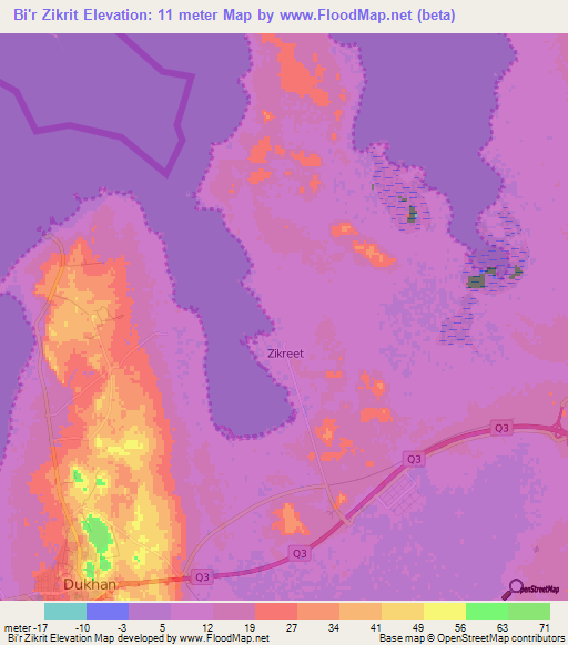 Bi'r Zikrit,Qatar Elevation Map