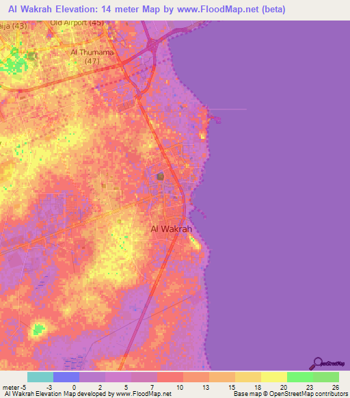 Al Wakrah,Qatar Elevation Map