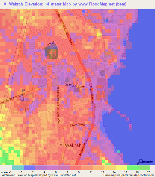 Al Wakrah,Qatar Elevation Map