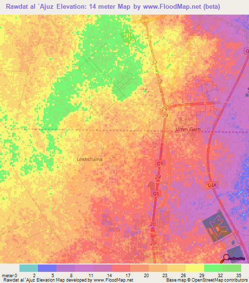 Rawdat al `Ajuz,Qatar Elevation Map