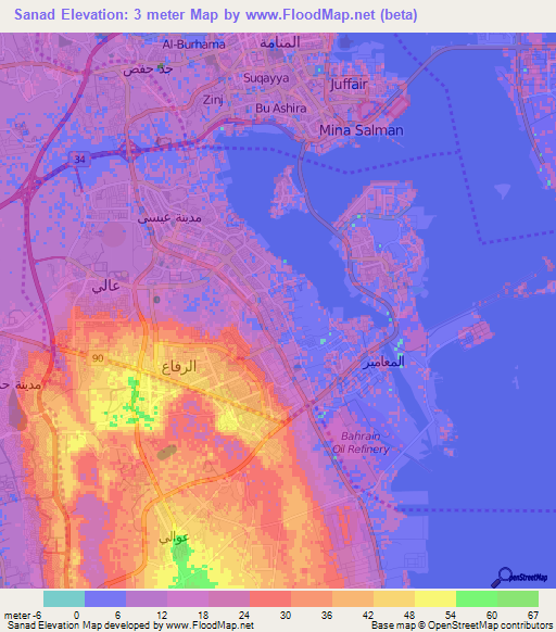 Elevation of Sanad,Bahrain Elevation Map, Topography, Contour