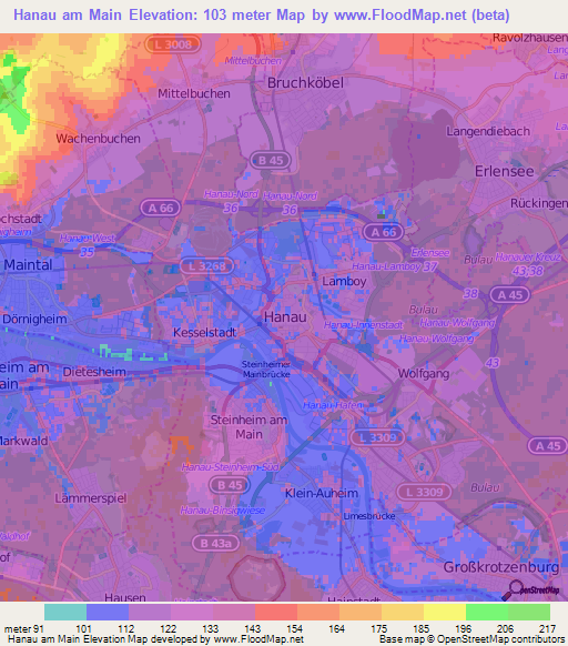 Hanau am Main,Germany Elevation Map