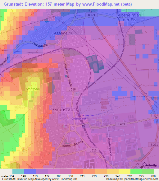 Grunstadt,Germany Elevation Map