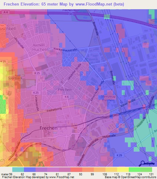 Frechen,Germany Elevation Map