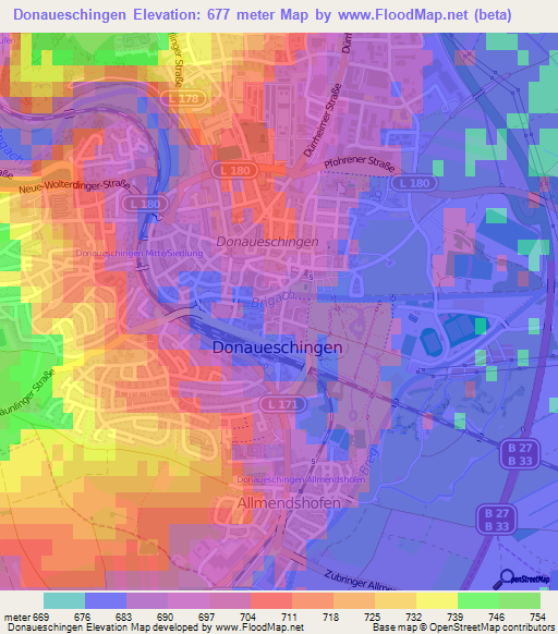 Donaueschingen,Germany Elevation Map