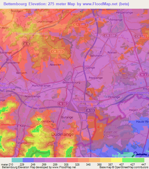 Bettembourg,Luxembourg Elevation Map