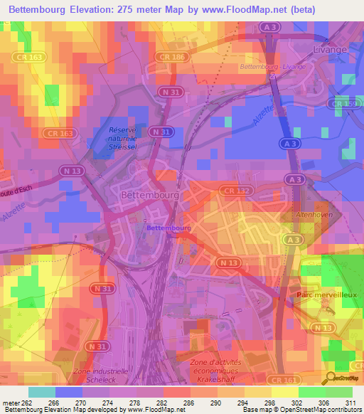 Bettembourg,Luxembourg Elevation Map