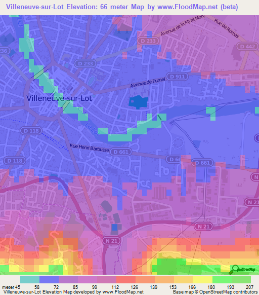 Villeneuve-sur-Lot,France Elevation Map