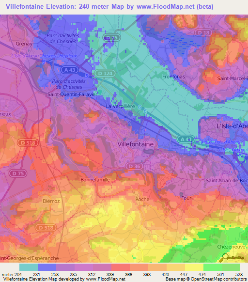 Villefontaine,France Elevation Map