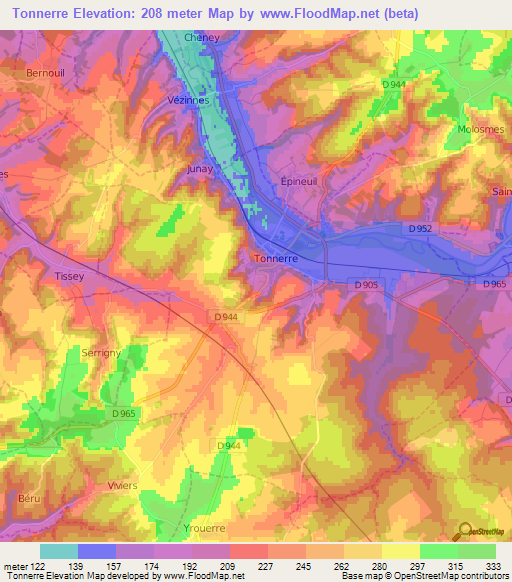 Tonnerre,France Elevation Map