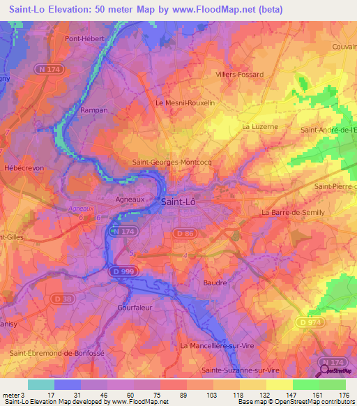 Saint-Lo,France Elevation Map