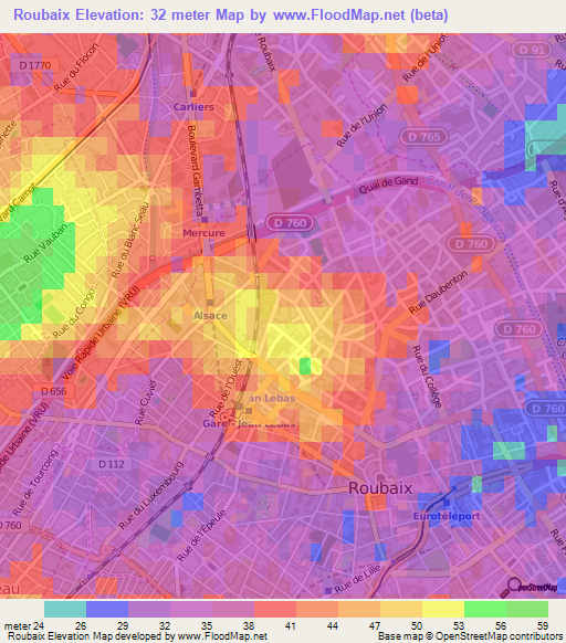 Roubaix,France Elevation Map