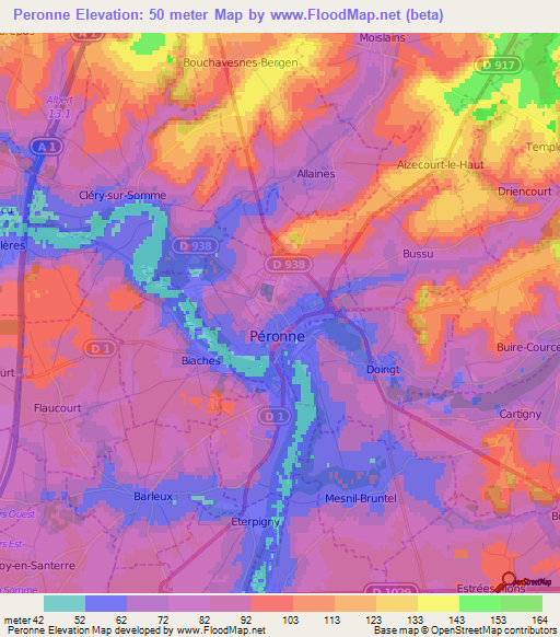 Peronne,France Elevation Map