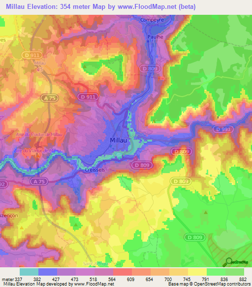 Millau,France Elevation Map