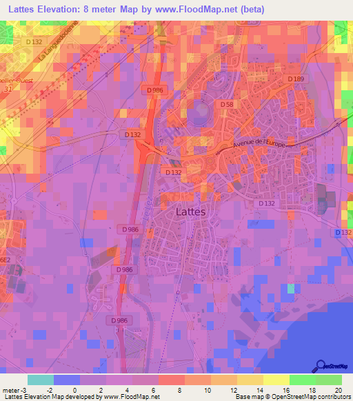 Lattes,France Elevation Map