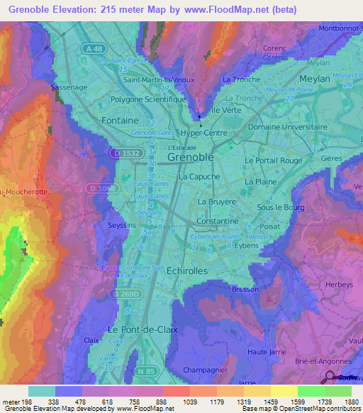 Grenoble,France Elevation Map