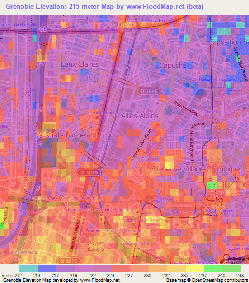 Grenoble,France Elevation Map