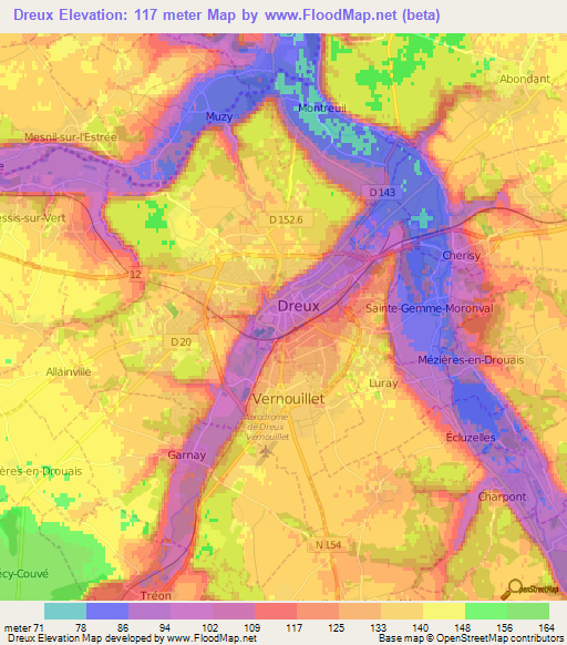 Dreux,France Elevation Map