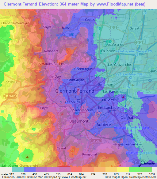 Clermont-Ferrand,France Elevation Map