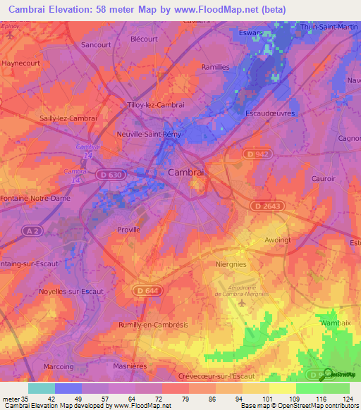 Cambrai,France Elevation Map