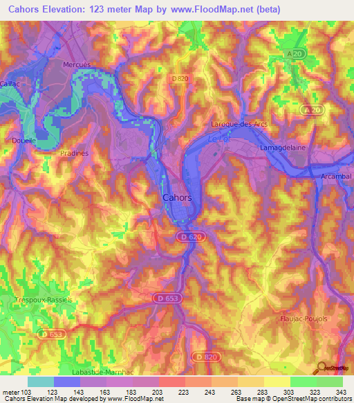 Cahors,France Elevation Map