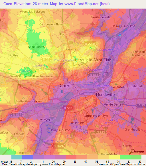 Caen,France Elevation Map