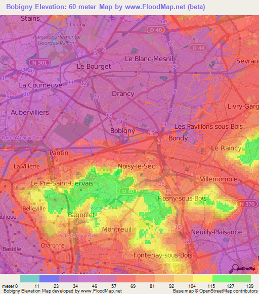 Bobigny,France Elevation Map