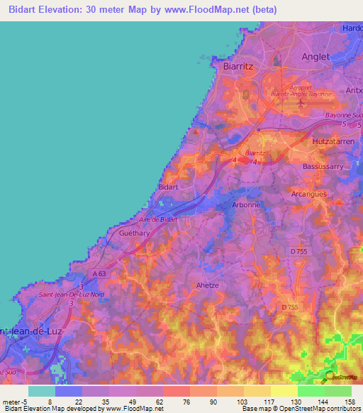 Bidart,France Elevation Map