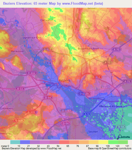 Beziers,France Elevation Map
