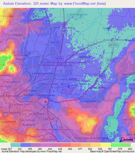 Aulnat,France Elevation Map