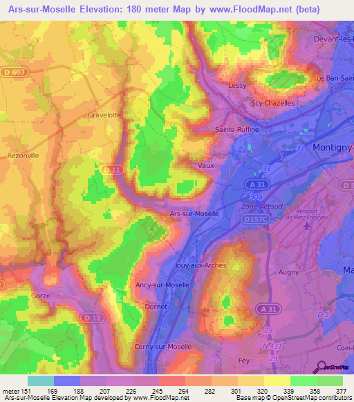 Ars-sur-Moselle,France Elevation Map