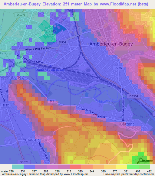 Amberieu-en-Bugey,France Elevation Map